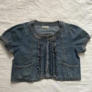 Axes Femme denim cropped short sleeve zip front denim top ruffles and pockets